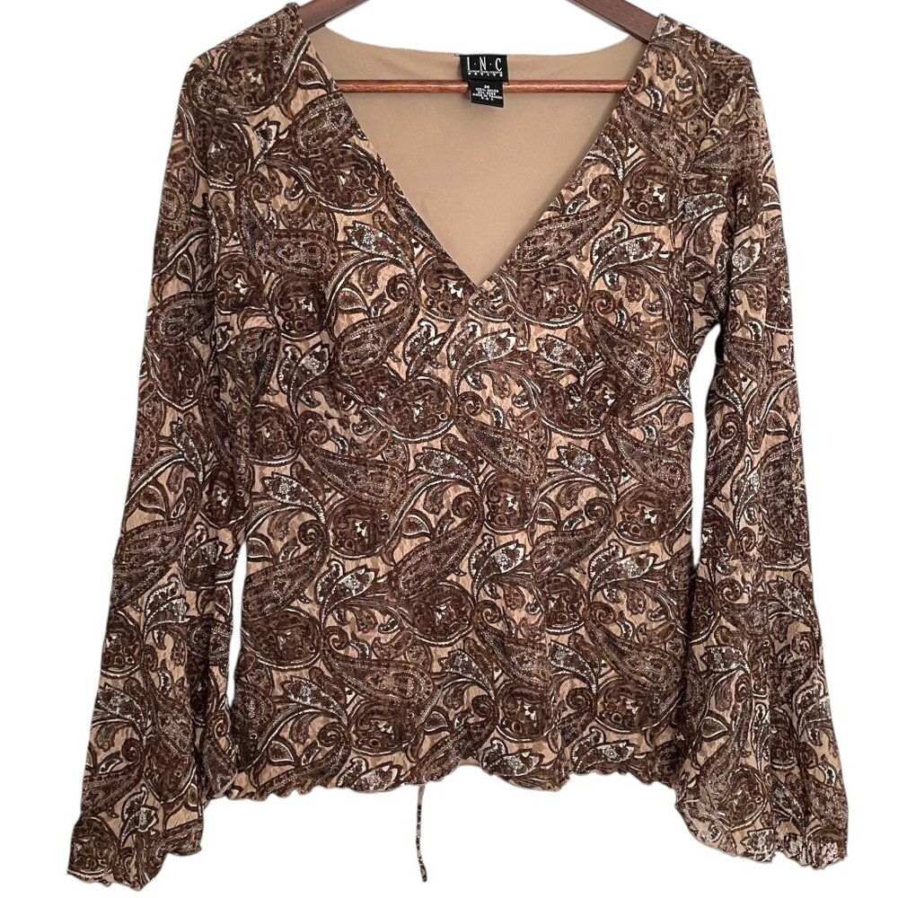 Vtg Y2K Babydoll Bell Sleeve Top Petite Medium Brown Paisley Lace Whimsy Fairy